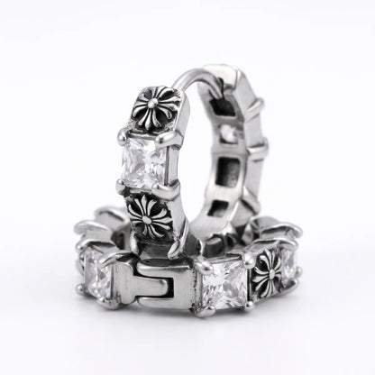Gothic Cross CZ Huggie Hoop Earrings Silver Pair Stacked Front View White Background