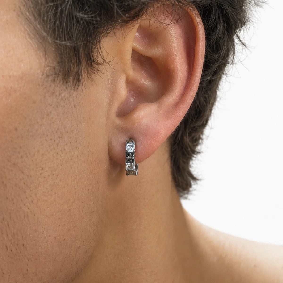 Gothic Cross CZ Huggie Hoop Earrings Silver Side Profile Worn by Male Model