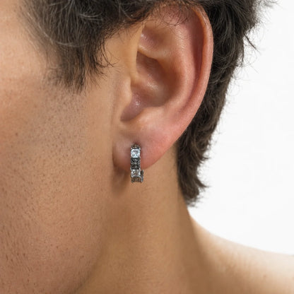 Gothic Cross CZ Huggie Hoop Earrings Silver Side Profile Worn by Male Model