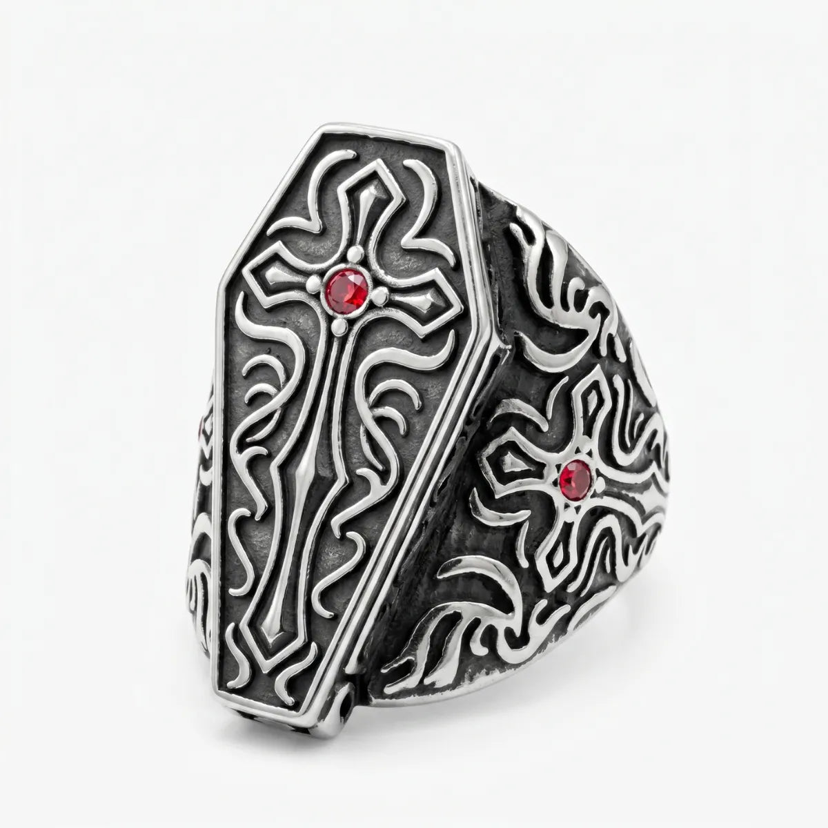 Gothic Cross Coffin Ring with Red Gemstone Close Up