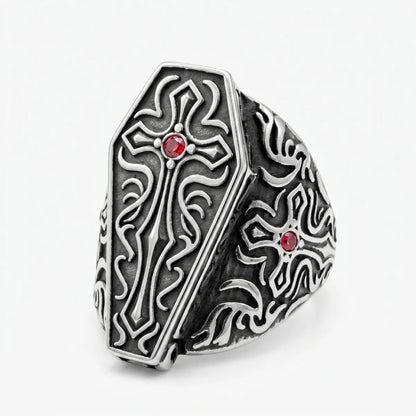 Gothic Cross Coffin Ring with Red Gemstone Close Up