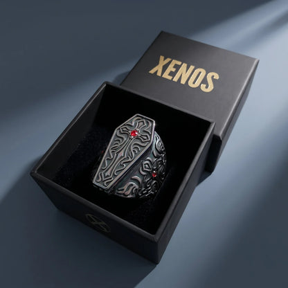 Gothic Cross Coffin Ring with Red Gemstone Inside a Xenos Jewelry Box