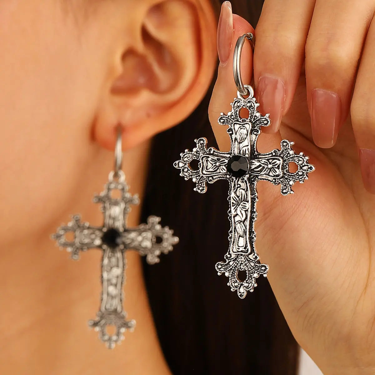 Gothic Cross Dangle Earrings Worn by Female Model