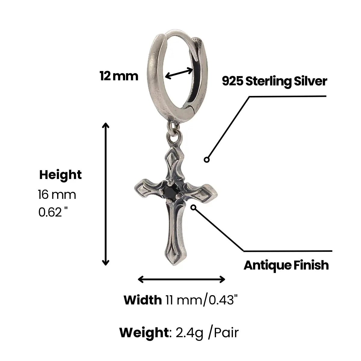Gothic Cross Drop Hoop Earrings Dimensions and Weight