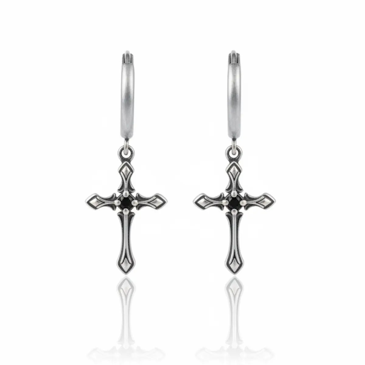 Gothic Cross Drop Hoop Earrings Front