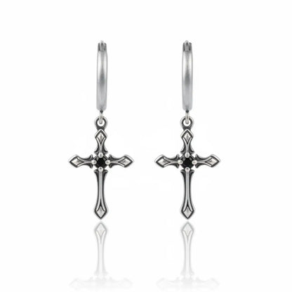 Gothic Cross Drop Hoop Earrings Front