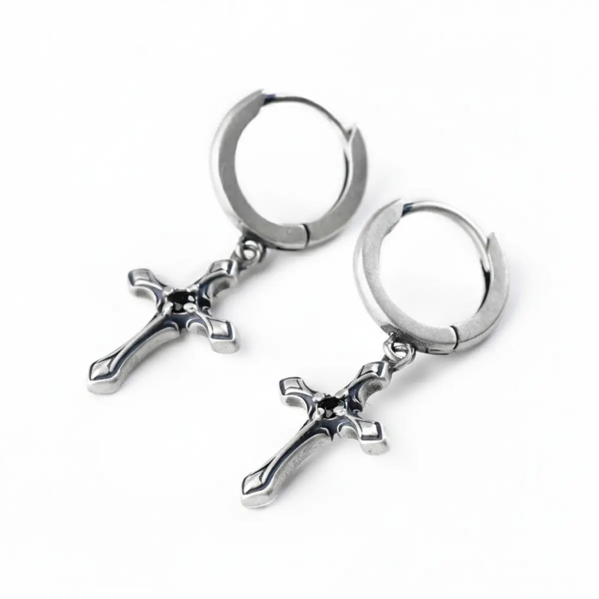 Gothic Cross Drop Hoop Earrings Side