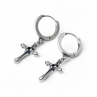 Gothic Cross Drop Hoop Earrings Side