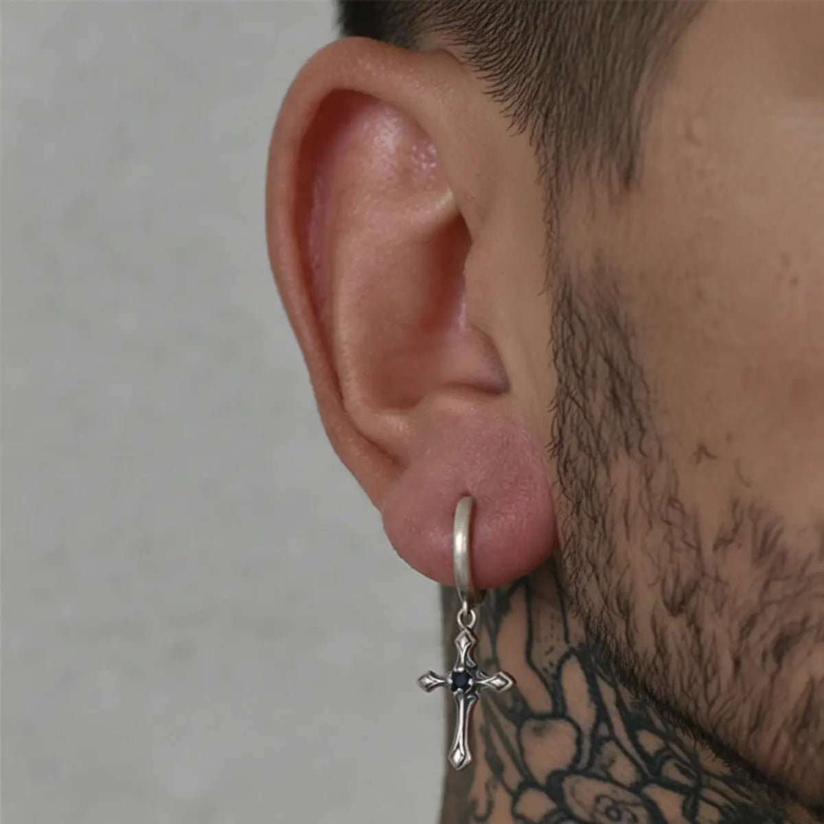 Gothic Cross Drop Hoop Earrings Worn by Male Model