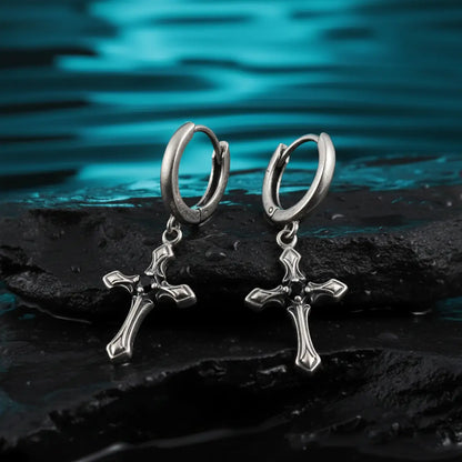 Gothic Cross Drop Hoop Earrings