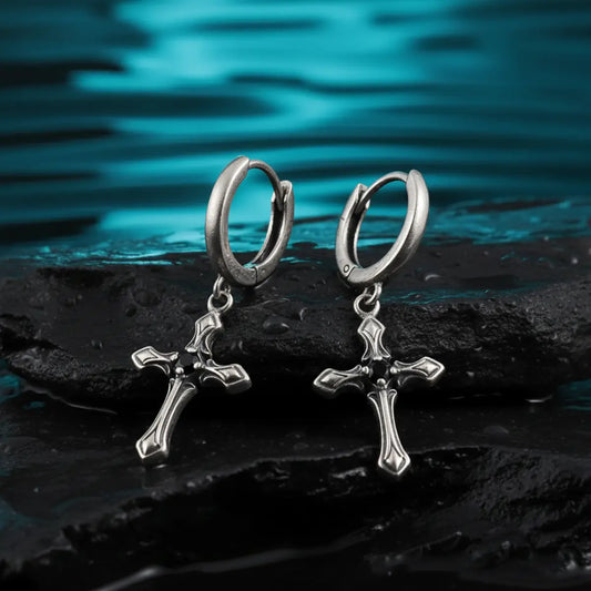Gothic Cross Drop Hoop Earrings