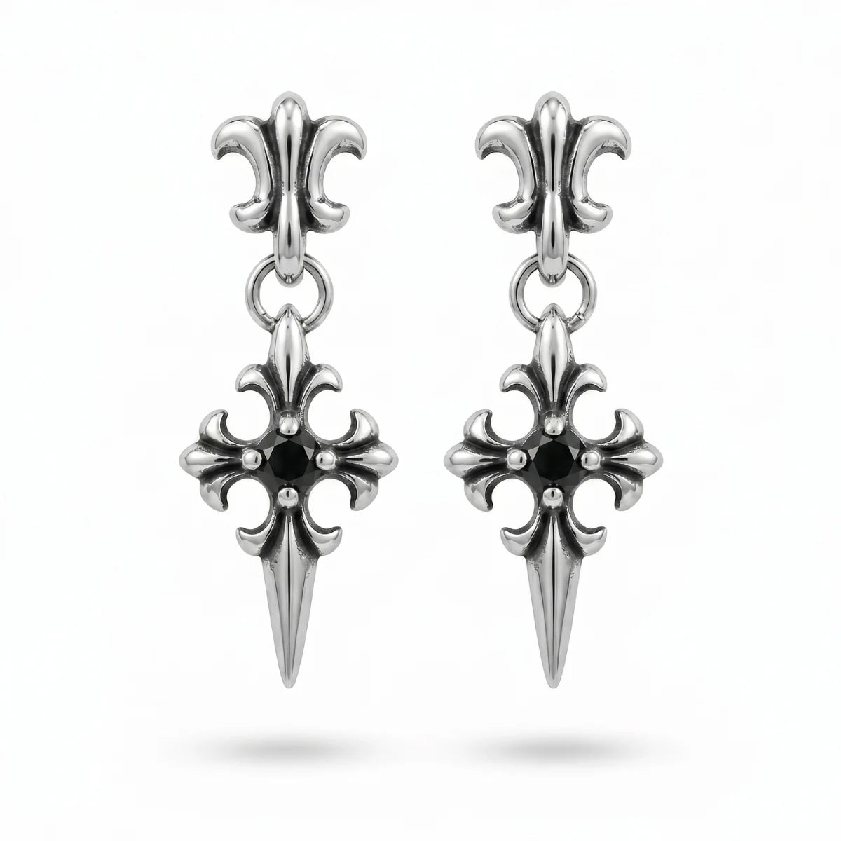 Gothic Cross Drop Stud Earrings Black Gemstone