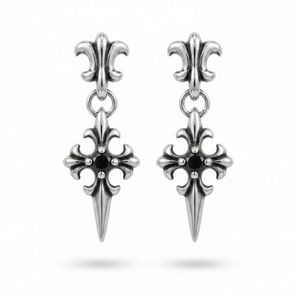 Gothic Cross Drop Stud Earrings Black Gemstone