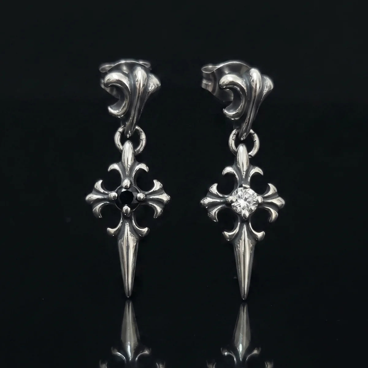 Gothic Cross Drop Stud Earrings Silver and Black Stone Close Up