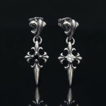 Gothic Cross Drop Stud Earrings Silver and Black Stone Close Up