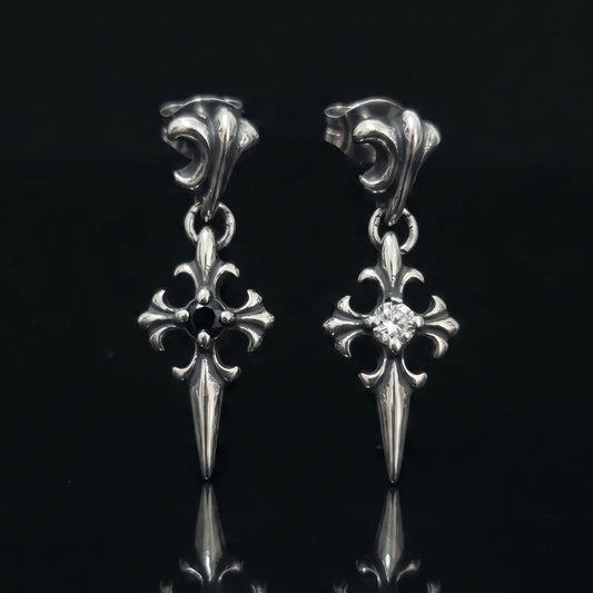 Gothic Cross Drop Stud Earrings Silver and Black Stone Close Up