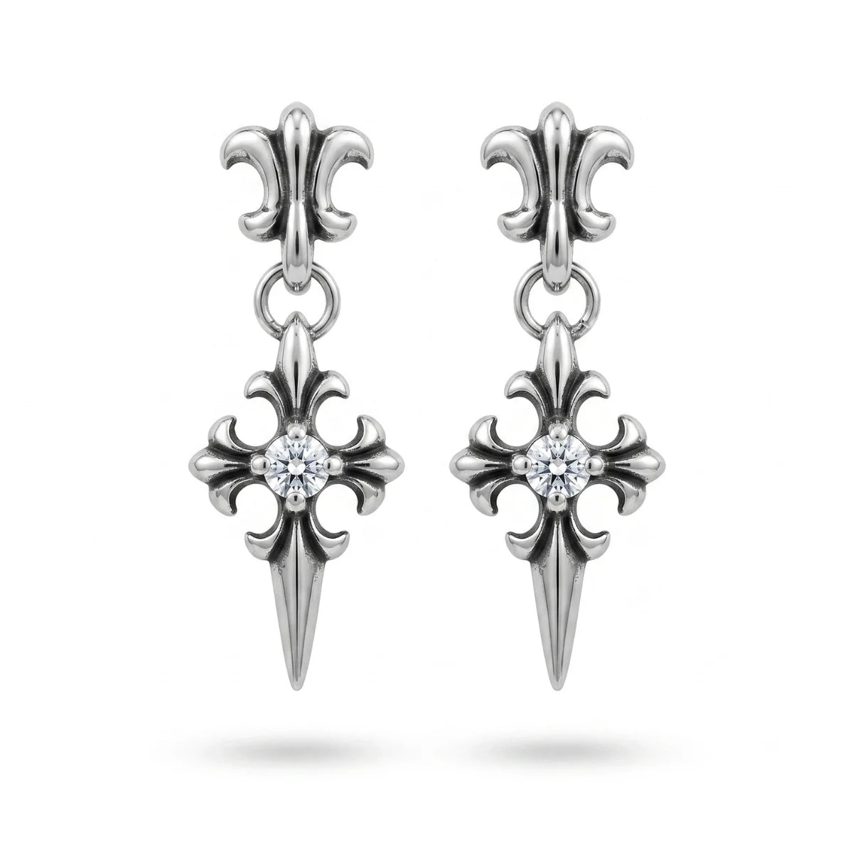 Gothic Cross Drop Stud Earrings White Gemstone