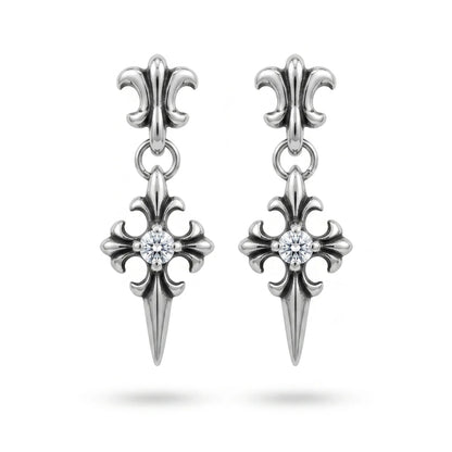Gothic Cross Drop Stud Earrings White Gemstone