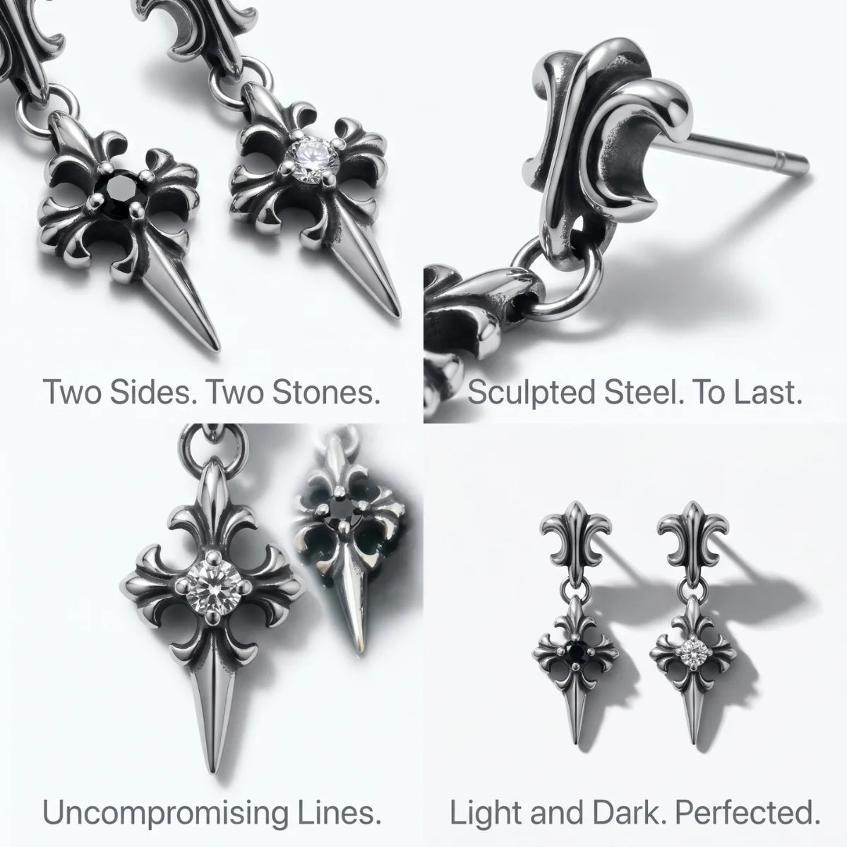 Gothic Cross Drop Stud Earrings White and Black Gemstone design features