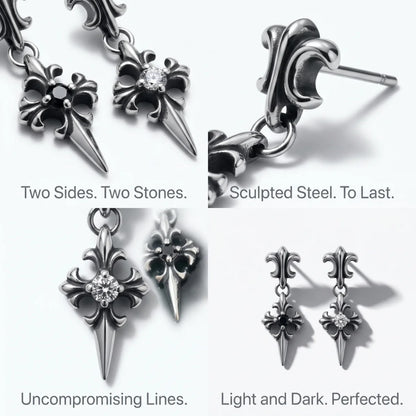 Gothic Cross Drop Stud Earrings White and Black Gemstone design features