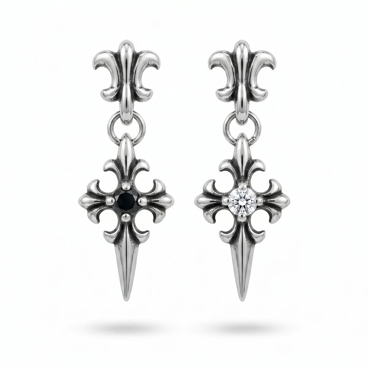 Gothic Cross Drop Stud Earrings White and Black Gemstone
