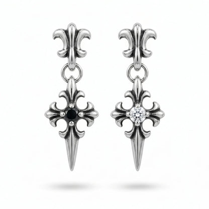 Gothic Cross Drop Stud Earrings White and Black Gemstone
