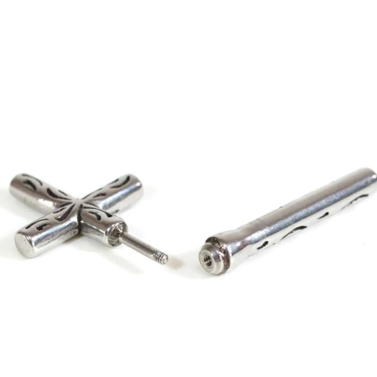 Gothic Cross Earrings Through Ear Close Up