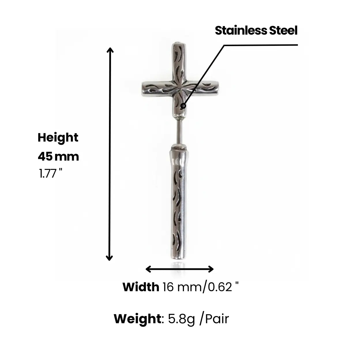 Gothic Cross Earrings Through Ear Dimensions and Weight