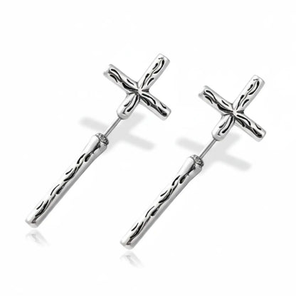 Gothic Cross Earrings Through Ear Front
