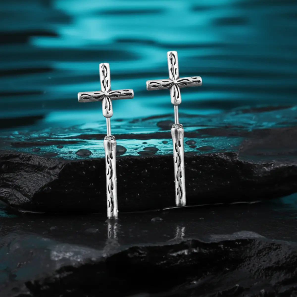 Gothic Cross Earrings Through Ear