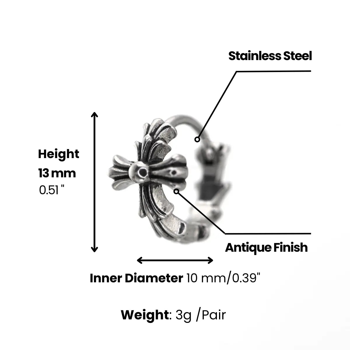 Gothic Cross Huggie Hoop Earrings Dimensions and Weight