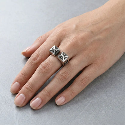Gothic Cross Star Ring Worn by Female Model Close Up