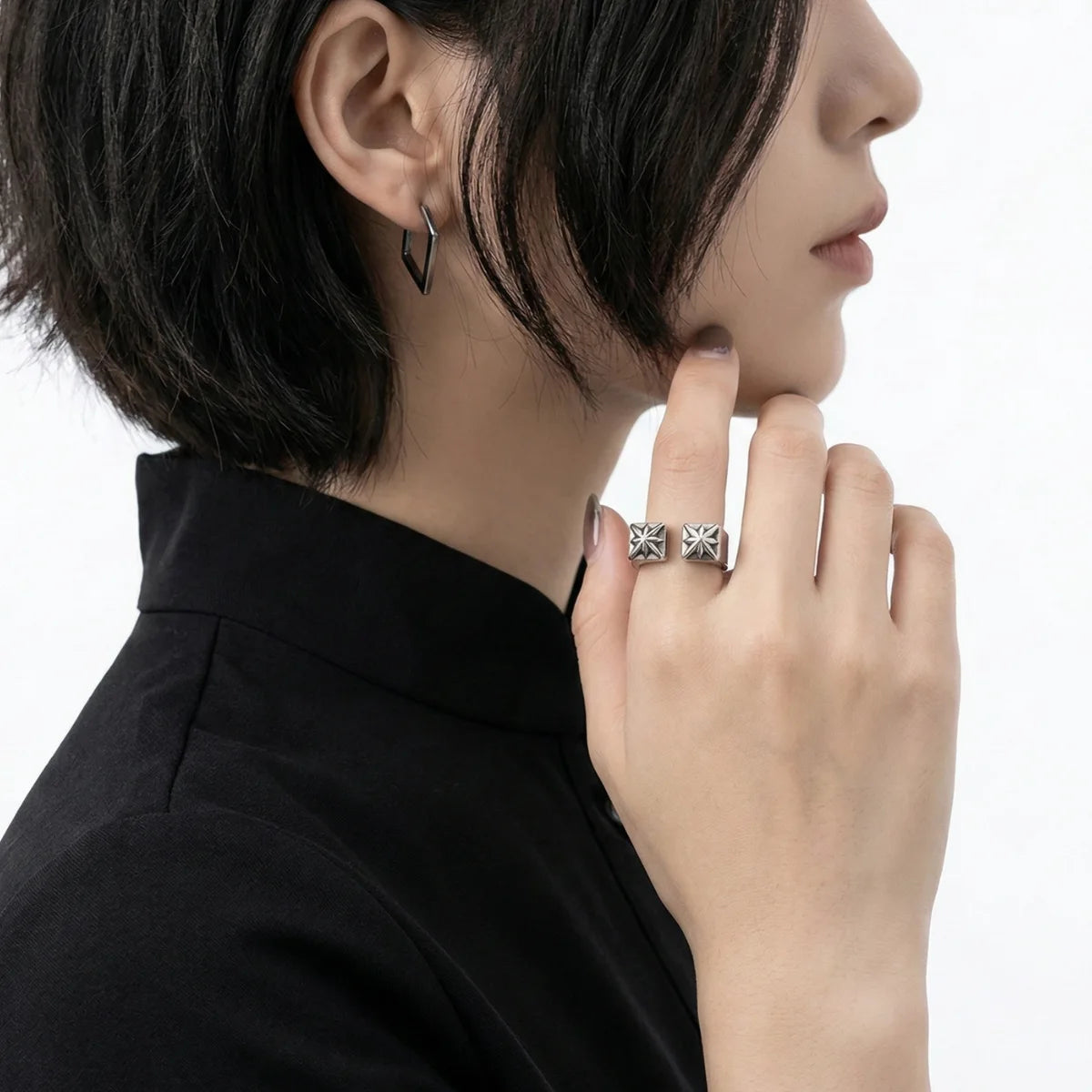 Gothic Cross Star Ring Worn by Female Model