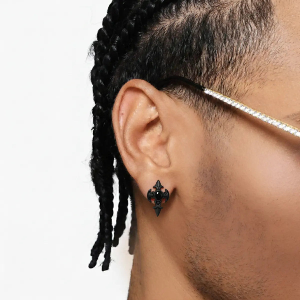 Gothic Fleur Cross Stud Earrings Black Worn by Male Model