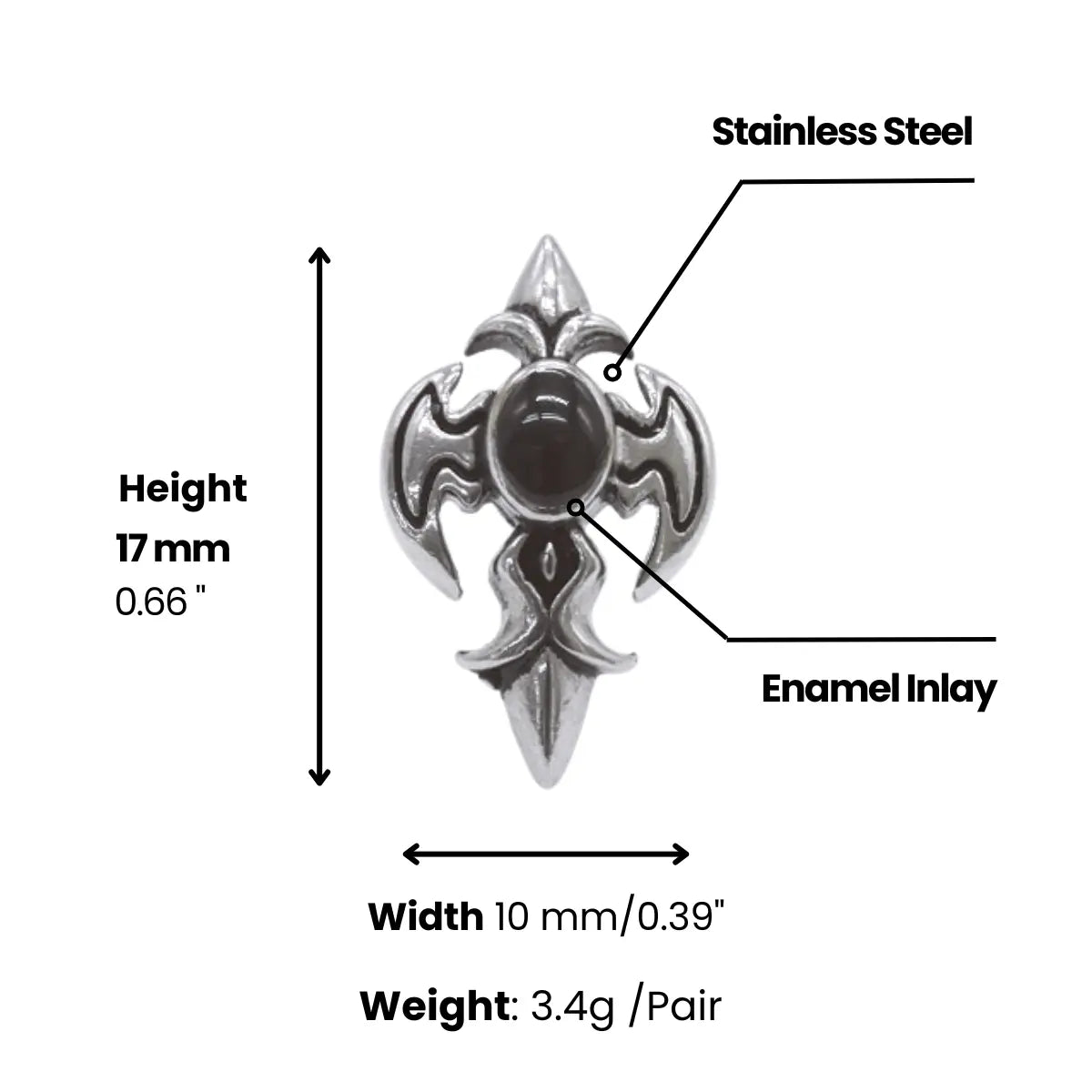 Gothic Fleur Cross Stud Earrings Dimensions and Weight