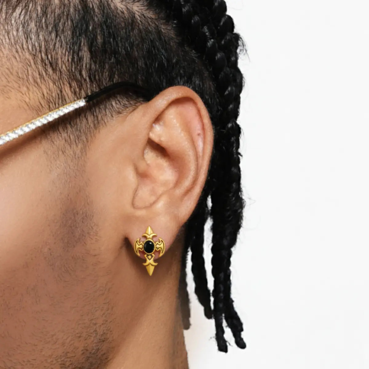 Gothic Fleur Cross Stud Earrings Gold Worn by Male Model