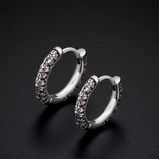 Gothic Floral Huggie Earrings Silver Close Up