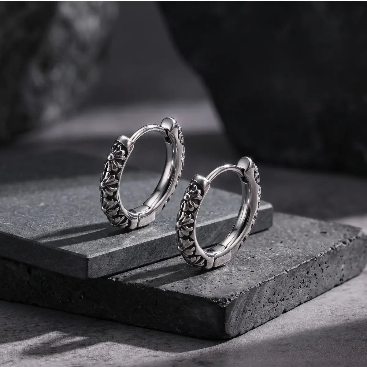 Gothic Floral Huggie Earrings Silver Details