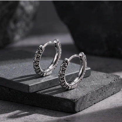 Gothic Floral Huggie Earrings Silver Details