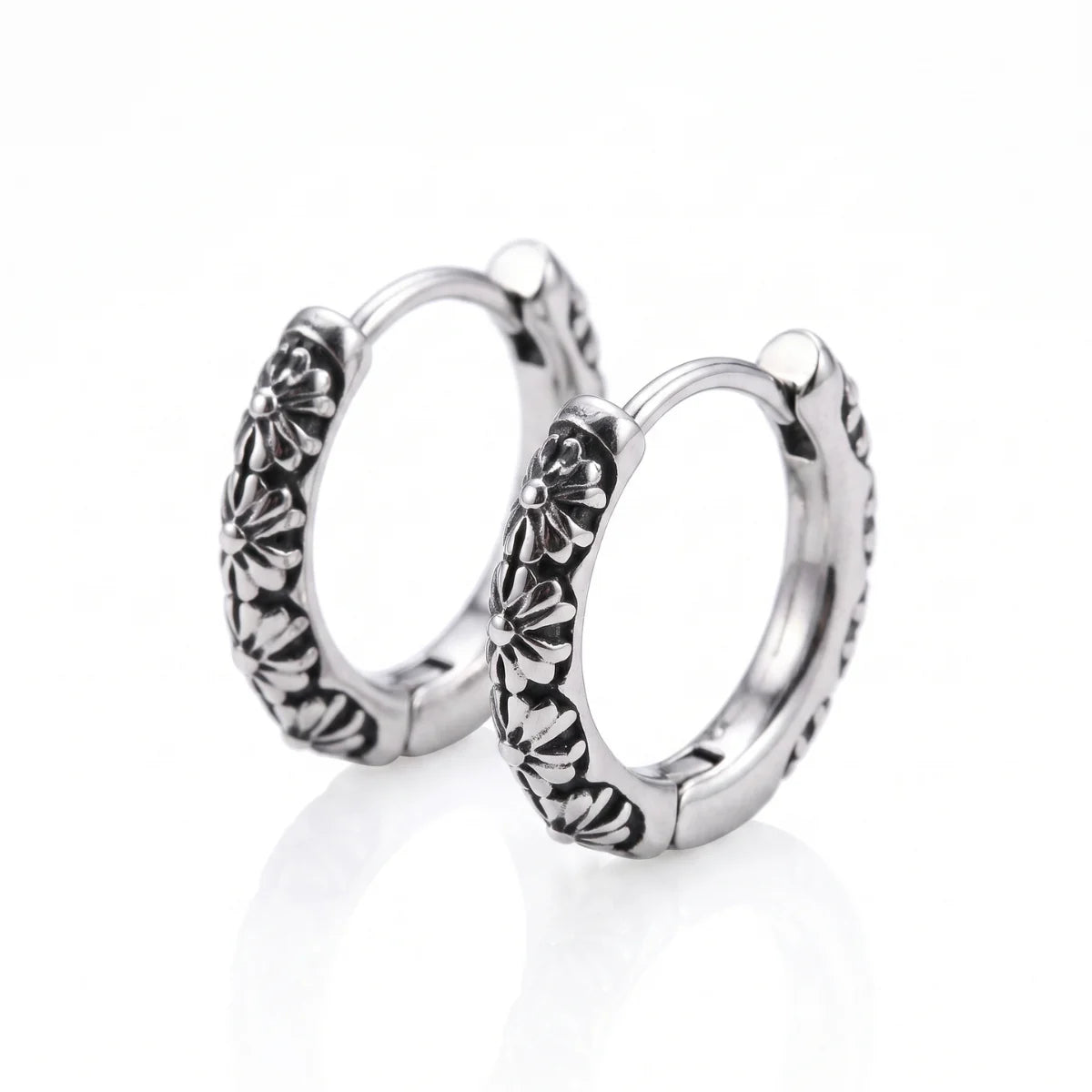 Gothic Floral Huggie Earrings Silver