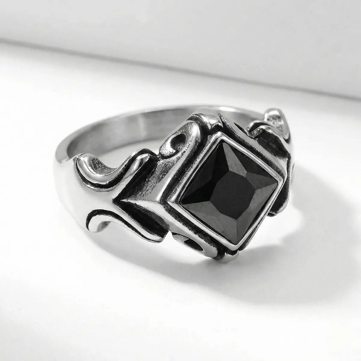 Gothic Princess Cut Black Crystal Ring Close Up
