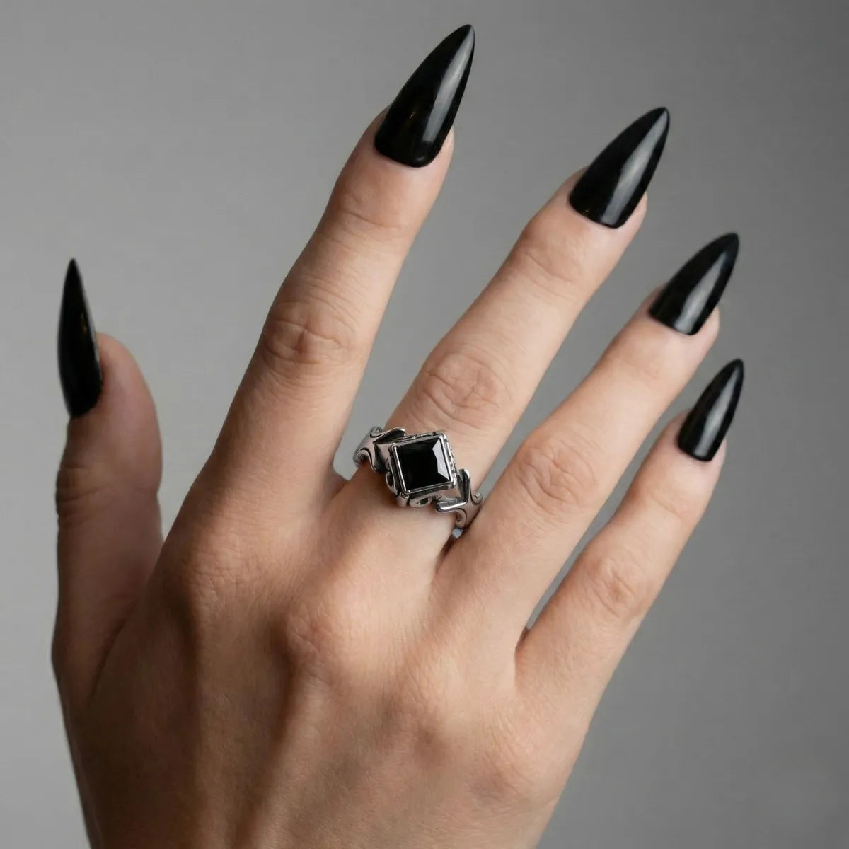 Gothic Princess Cut Black Crystal Ring Worn by Female Model