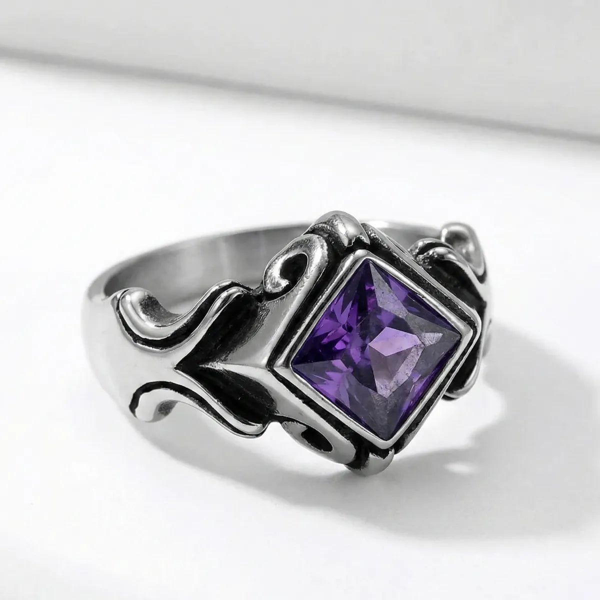 Gothic Princess Cut Purple Crystal Ring Close Up
