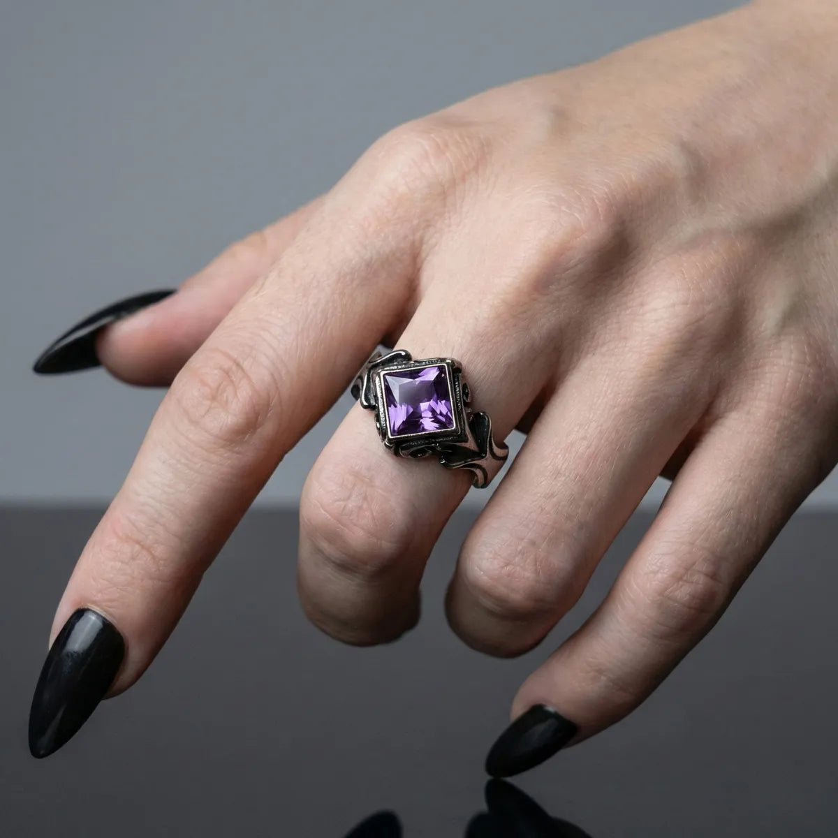 Gothic Princess Cut Purple Crystal Ring Worn by Female Model