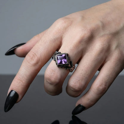 Gothic Princess Cut Purple Crystal Ring Worn by Female Model