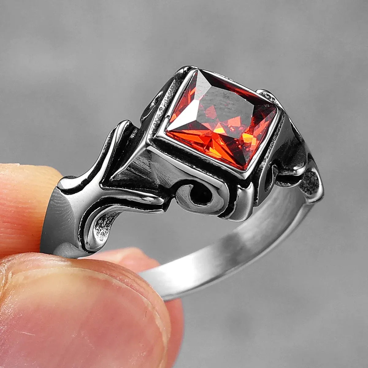 Gothic Princess Cut Red Crystal Ring Close Up