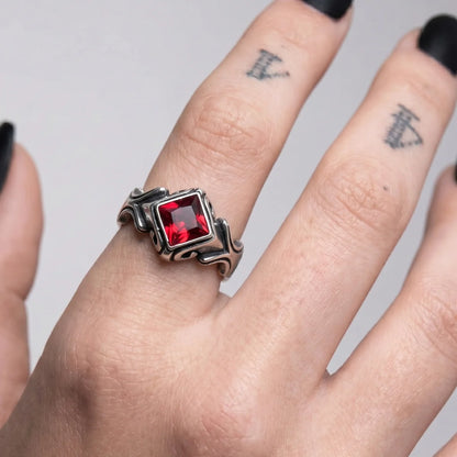Gothic Princess Cut Red Crystal Ring Worn by Female Model Close Up