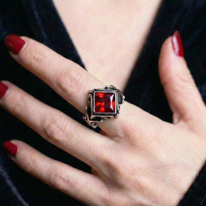 Gothic Princess Cut Red Crystal Ring Worn by Female Model