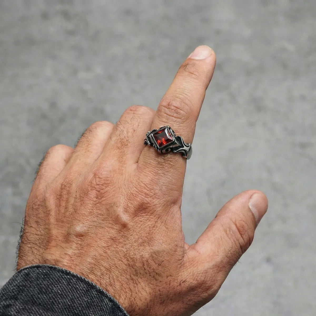 Gothic Princess Cut Red Crystal Ring Worn by Male Model