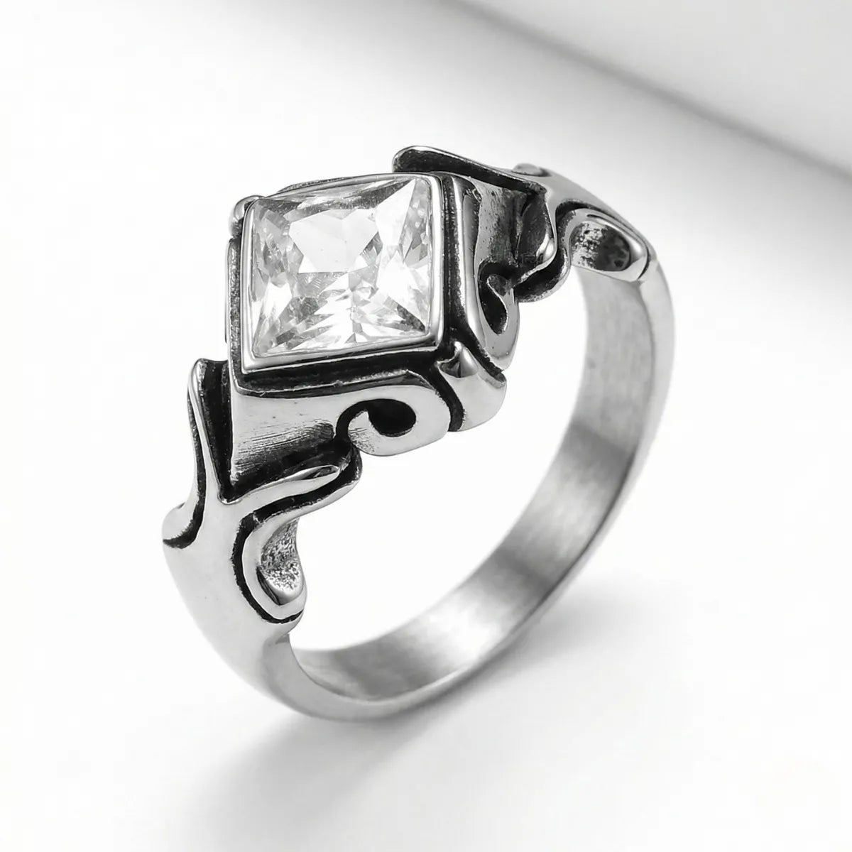 Gothic Princess Cut White Crystal Ring Close Up